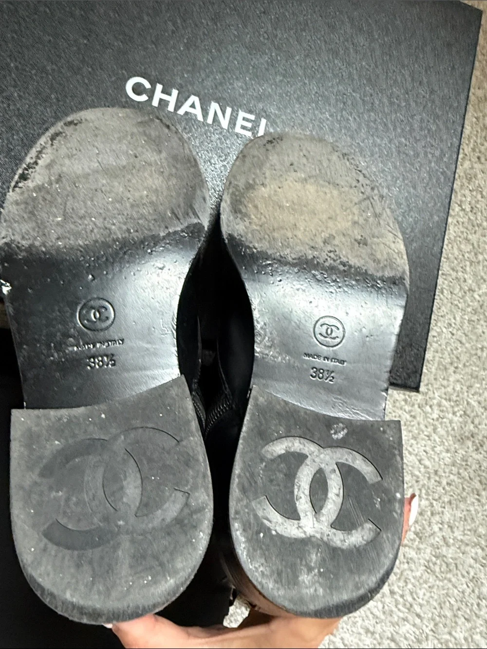 Chanel 19A Black Leather Lace Up Combat Boots 38.5